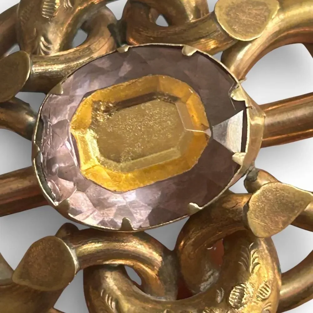 Victorian Gold Filled Lover's Knot Brooch, Faceted Paste Glass Center